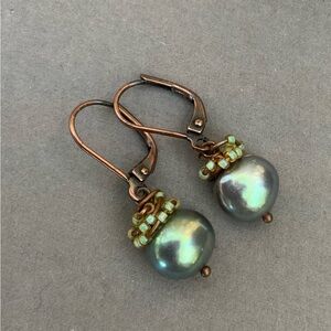 Boho Pearl Drop Earrings, iridescent gray pearls with copper wire